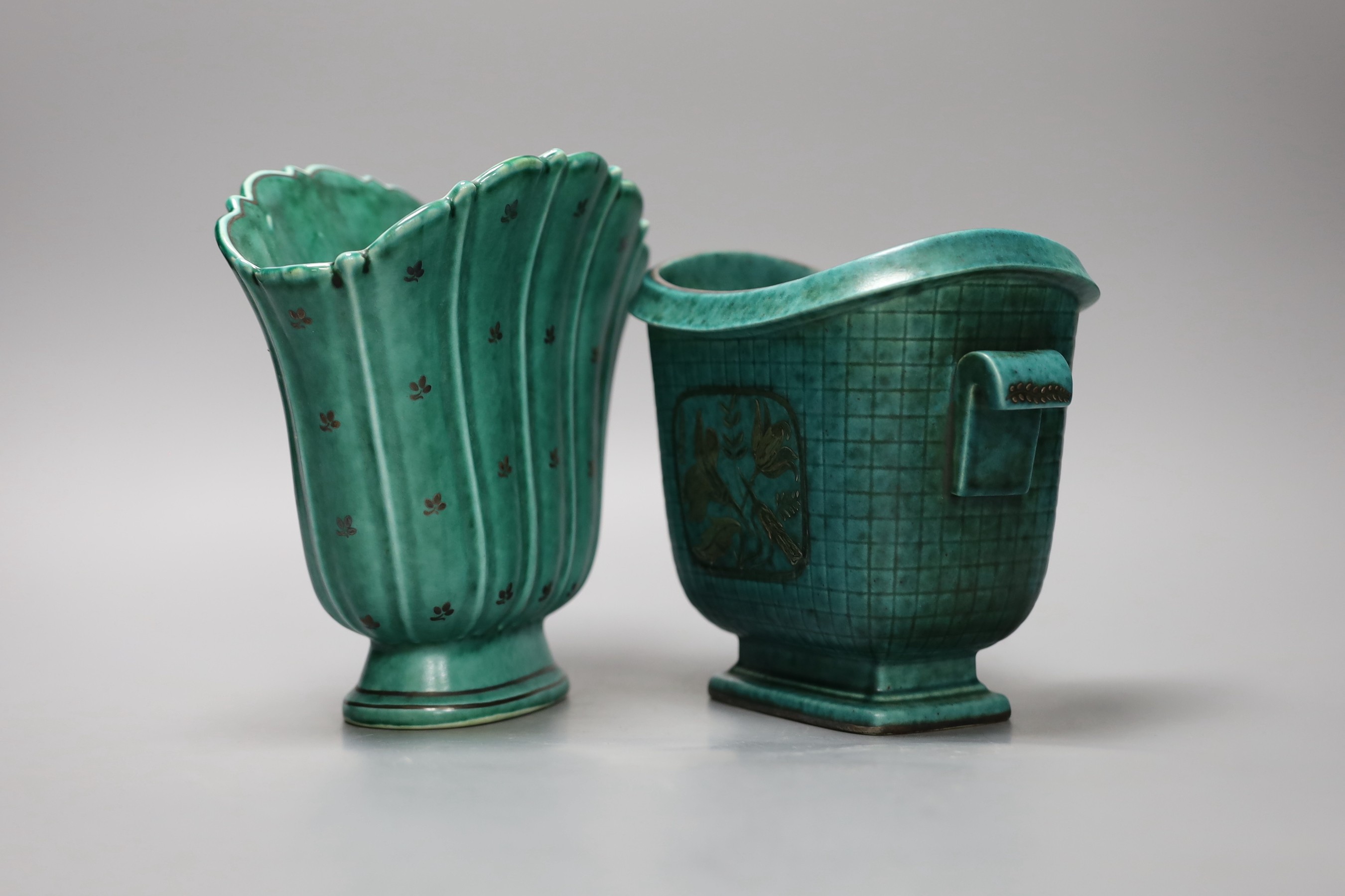 A Gustavsberg Wilhelm Kåge design Argenta 1211 shape vase decorated with flowers and a 940 shape vase, tallest 18cm